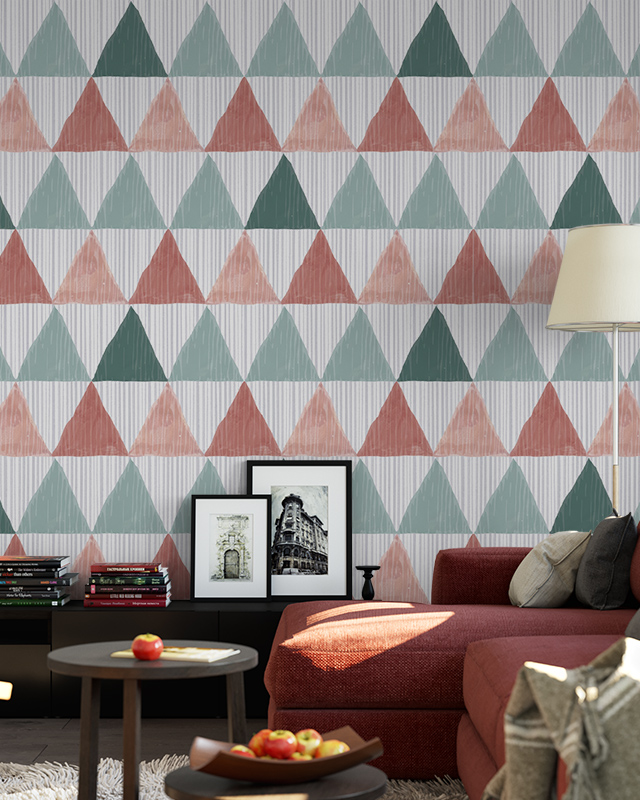 triangular-pattern-wallpaper-in-pastel-colors-highlighting-abstract-wallpaper-trends-with-framed-pictures-and-a-red-sofa Triangular pattern wallpaper in pastel colors, highlighting Abstract Wallpaper Trends, with framed pictures and a red sofa