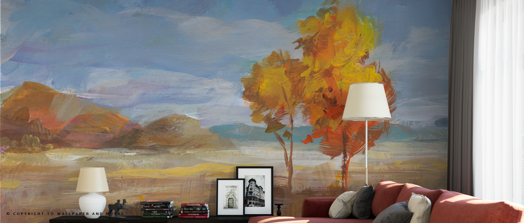 vibrant abstract wallpaper featuring colorful autumn trees and mountains behind a modern sofa perfect for abstract wallpaper for accent walls