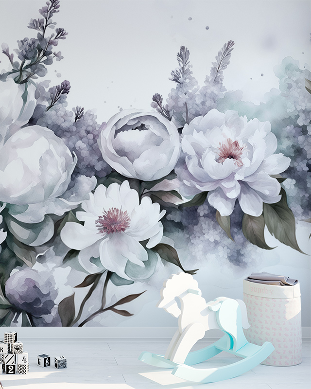 Delicate floral wallpaper for different rooms with a white rocking horse, storage bin, and scattered toy blocks in front.
