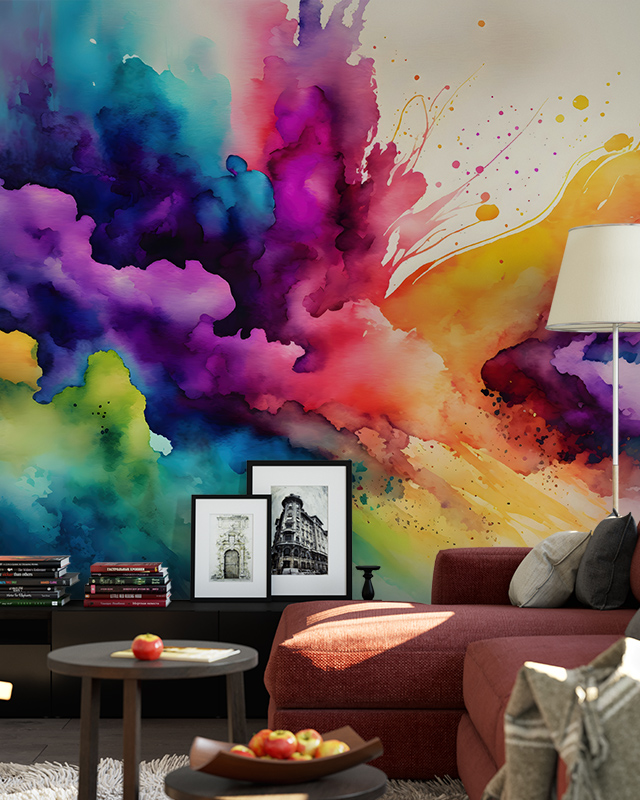 vibrant-living-room-featuring-abstract-wallpaper-for-accent-walls-with-bold-splashes-of-color-behind-a-red-sofa Vibrant living room featuring abstract wallpaper for accent walls with bold splashes of color behind a red sofa