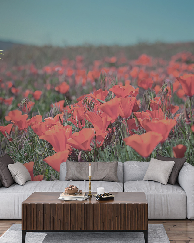 Vibrant orange poppy field floral wallpaper for different rooms creates a striking backdrop in a living room. The space features a grey sectional sofa with neutral cushions, a wooden table