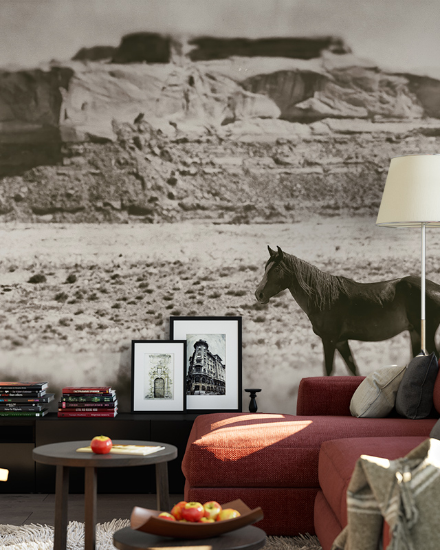 Wallpaper featuring a black-and-white desert scene with a horse, a red sofa, and framed pictures in front, illustrating Comparison of Abstract Wallpaper with Other Styles