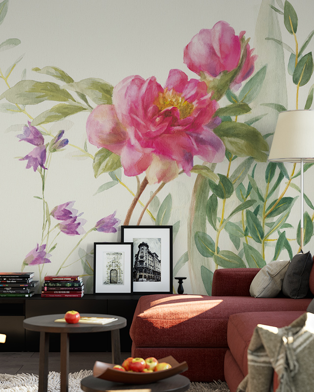 Wallpaper featuring large pink and purple flowers with green leaves, a red sofa, framed pictures, and a lamp in front, illustrating Comparison of Abstract Wallpaper with Other Styles