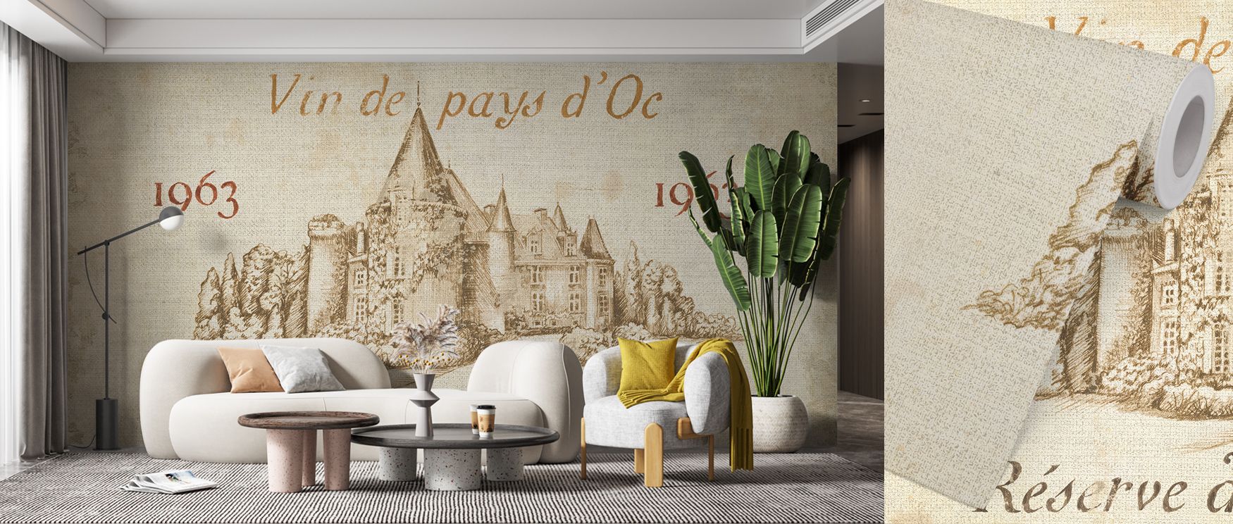 Vintage Wallpaper for Small Spaces featuring a château sketch with "Vin de pays d'Oc 1963" text, cozy living room furniture including a white sofa, round coffee tables, and a large green plant.