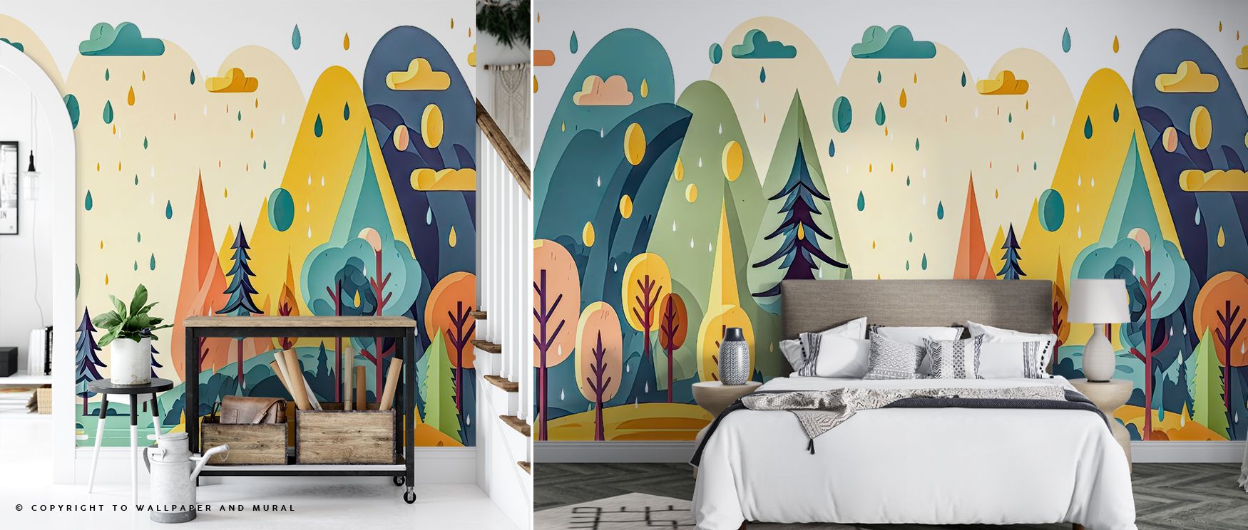Whimsical landscape mural with colorful trees and mountains, showcasing vibrant color schemes for teens room wallpaper.