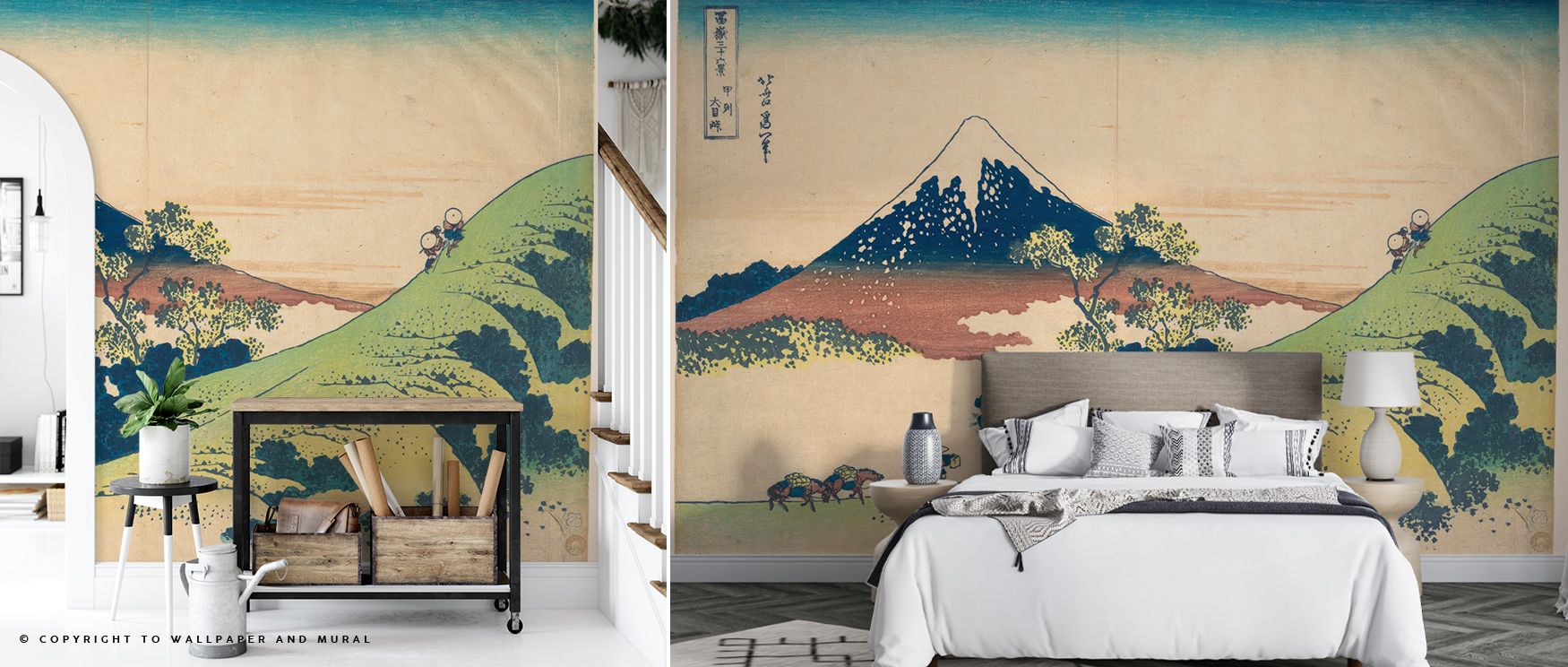 a-bedroom-and-hallway-featuring-retro-60s-70s-vintage-wallpaper-of-a-japanese-landscape-with-a-bed-and-side-tables A bedroom and hallway featuring Retro 60s & 70s Vintage Wallpaper of a Japanese landscape, with a bed and side tables.