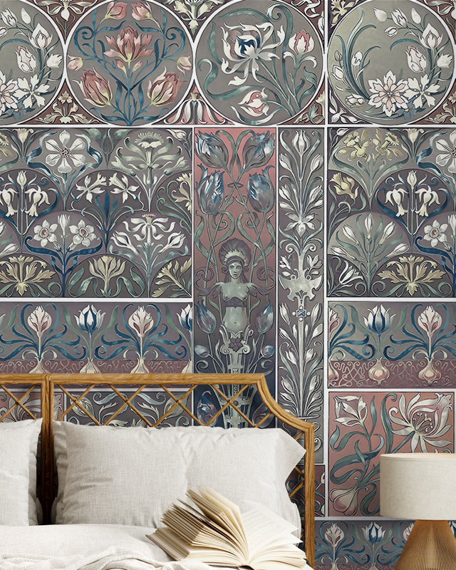 a-bedroom-featuring-modern-interiors-with-vintage-wallpaper-showcasing-intricate-floral-patterns-a-rattan-headboard-and-an-open-book A bedroom featuring Modern Interiors with Vintage Wallpaper showcasing intricate floral patterns, a rattan headboard, and an open book.