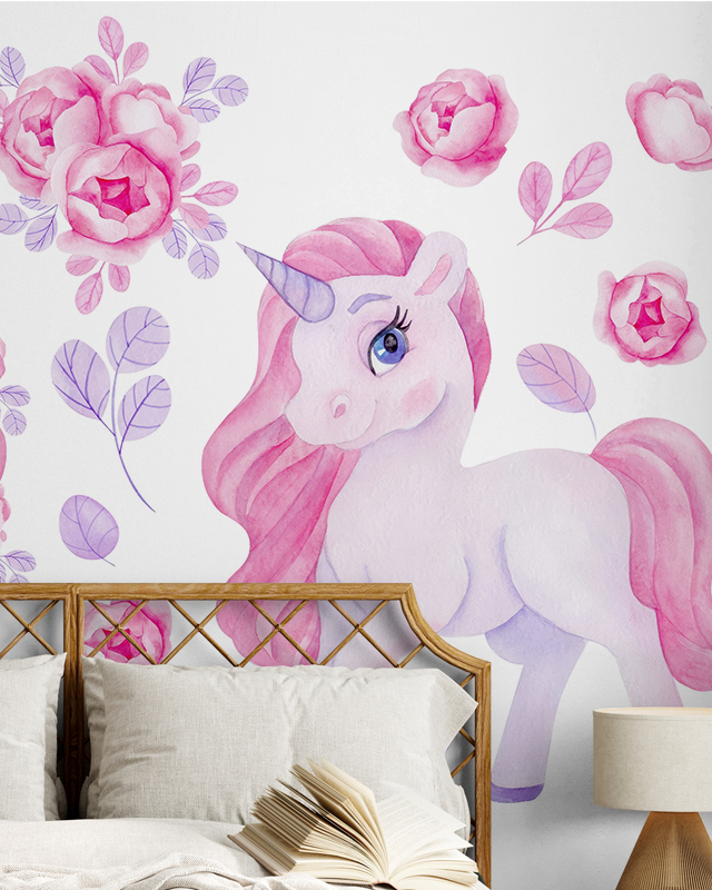 a-bedroom-wall-features-a-pink-unicorn-and-roses-design-above-a-bed-highlighting-the-pros-and-cons-of-removable-wallpaper A bedroom wall features a pink unicorn and roses design above a bed, highlighting the pros and cons of removable wallpaper.