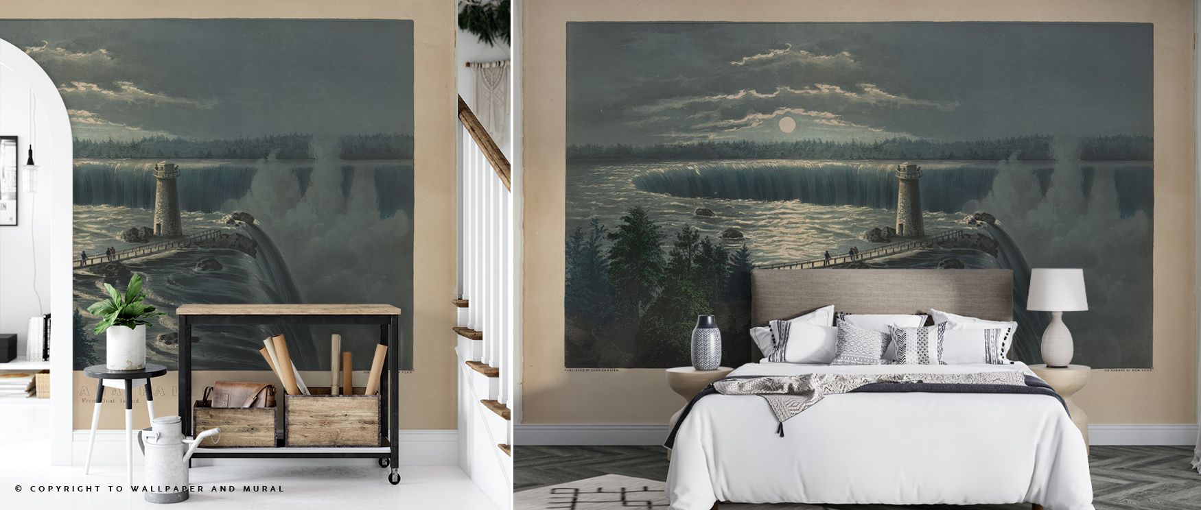 a-bedroom-with-a-retro-60s-70s-vintage-wallpaper-featuring-a-surreal-waterfall-scene-with-a-lighthouse A bedroom with a Retro 60s & 70s Vintage Wallpaper featuring a surreal waterfall scene with a lighthouse.