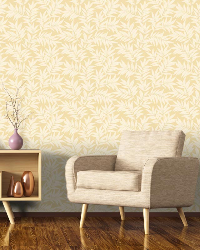 a-beige-armchair-and-wooden-decor-set-against-william-morris-wallpaper-with-modern-art-elements-in-a-cozy-living-room A beige armchair and wooden decor set against William Morris Wallpaper with Modern Art elements in a cozy living room.