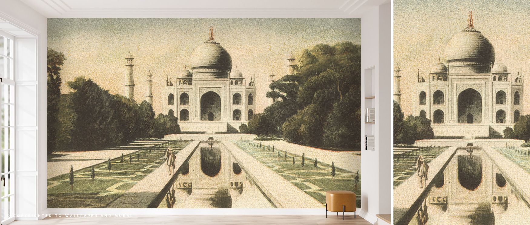 a-bright-room-with-modern-interiors-featuring-vintage-wallpaper-of-the-taj-mahal-blending-historical-charm-with-elegance A bright room with modern interiors featuring vintage wallpaper of the Taj Mahal, blending historical charm with elegance.