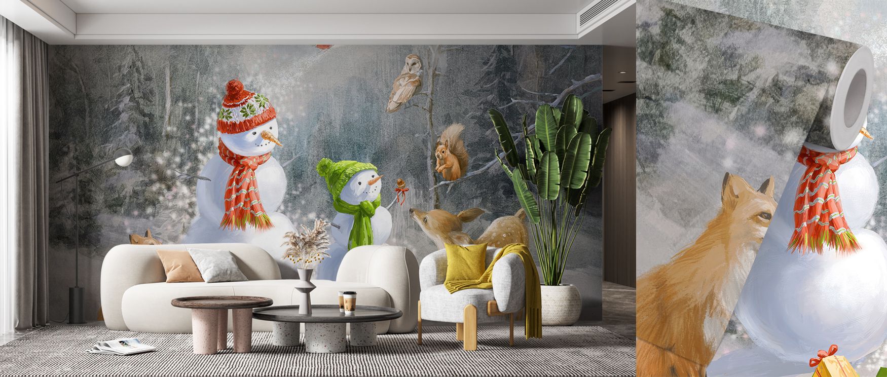 A cozy living room with whimsical forest wallpaper featuring snowmen, fox, deer, squirrel, and framed art on a table.