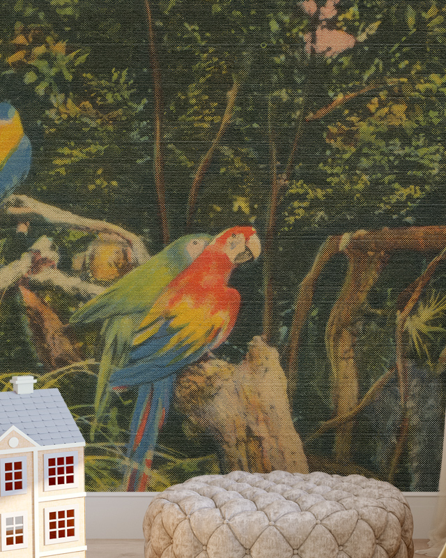 a-cozy-room-featuring-modern-interiors-with-vintage-wallpaper-showcasing-colorful-parrots-a-pouf-and-a-decorative-house-model A cozy room featuring Modern Interiors with Vintage Wallpaper showcasing colorful parrots, a pouf, and a decorative house model.