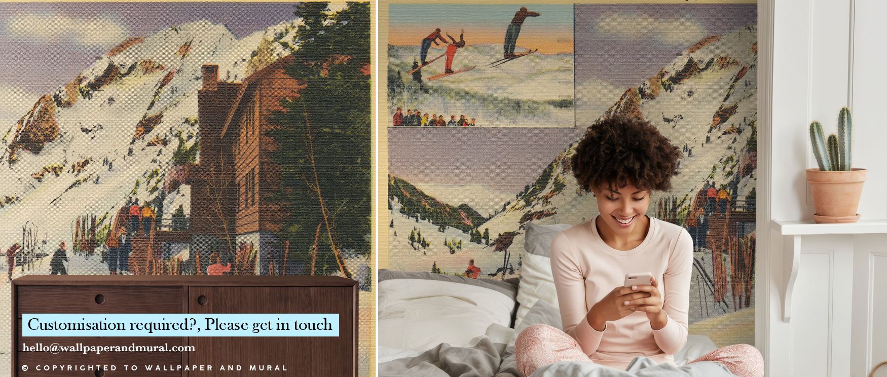 A cozy room featuring vintage ski-themed wallpaper for small spaces, with a wooden dresser and a potted cactus.