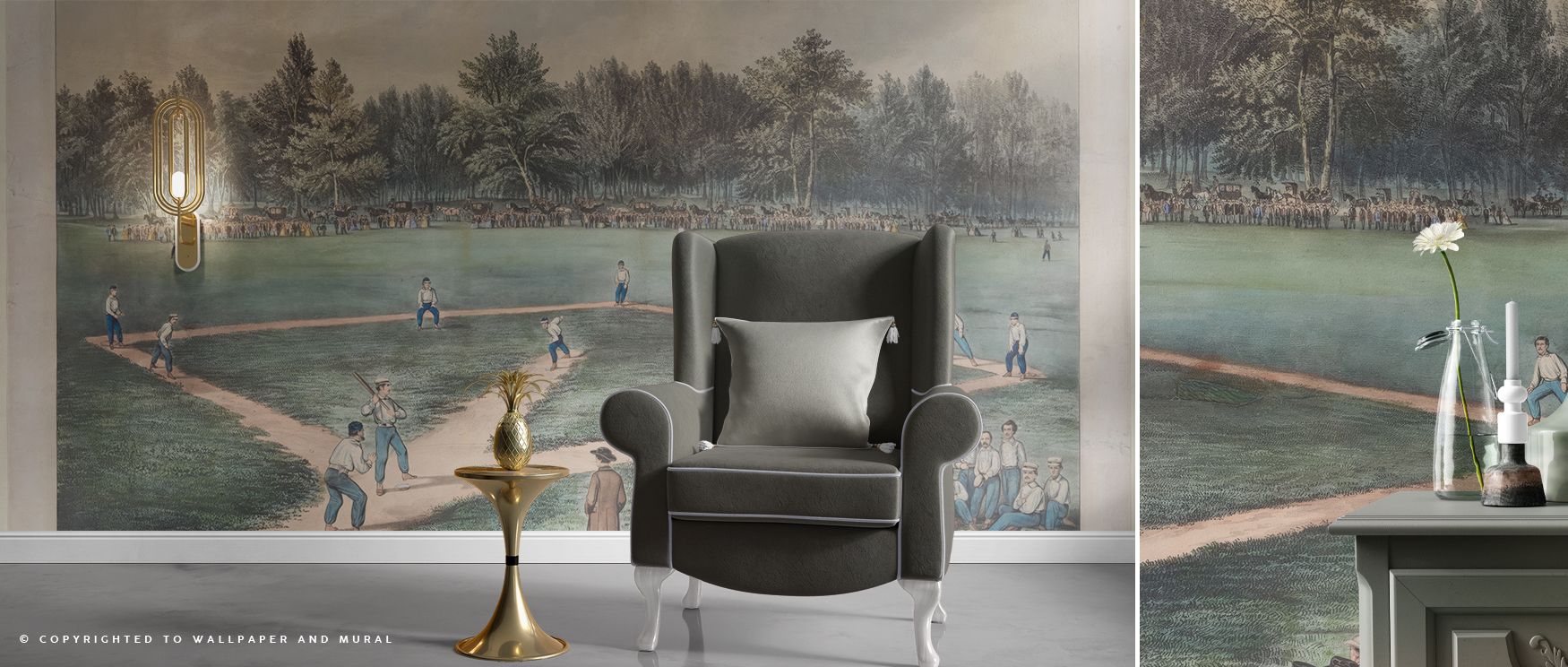 a-cozy-room-with-modern-interiors-featuring-vintage-wallpaper-depicting-a-historic-baseball-game-paired-with-elegant-furniture A cozy room with modern interiors featuring vintage wallpaper depicting a historic baseball game, paired with elegant furniture.