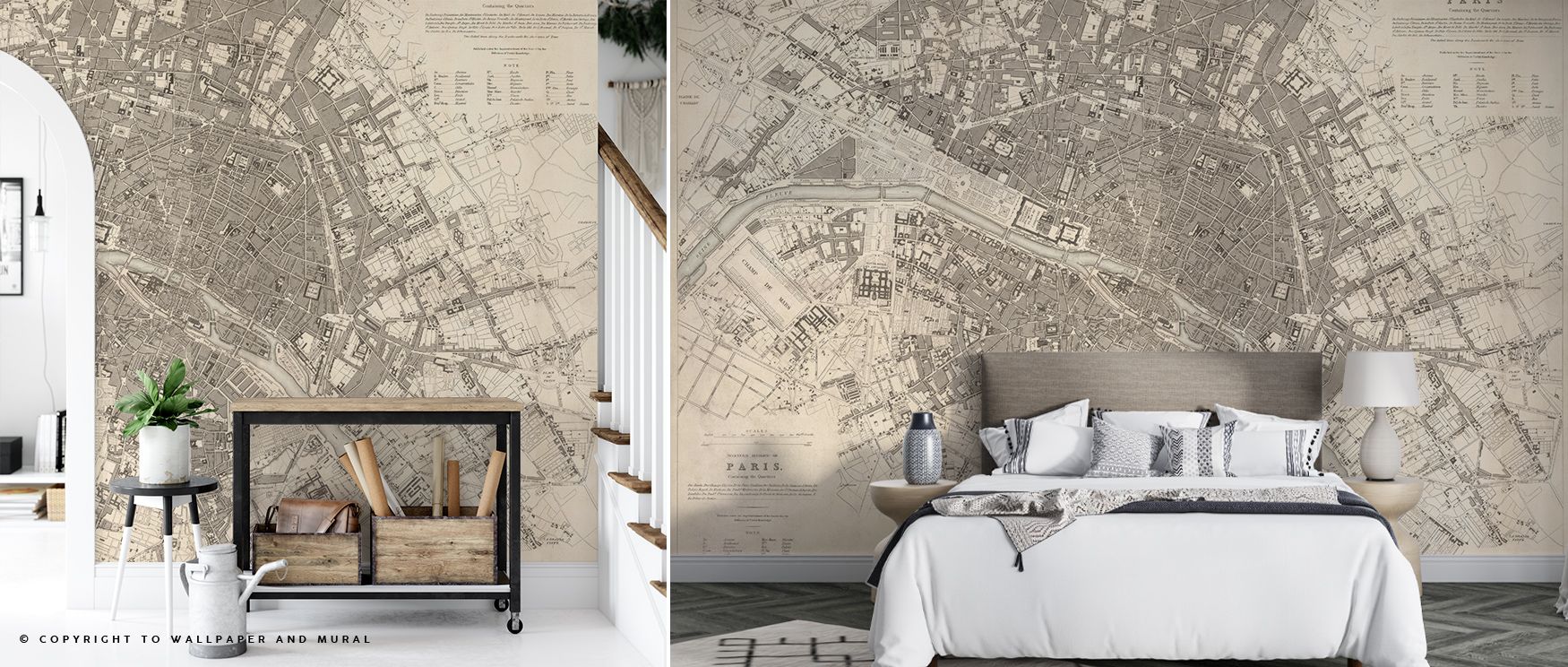 a-detailed-vintage-map-wallpaper-of-paris-decorates-a-modern-bedroom-demonstrating-how-to-choose-vintage-wallpaper-for-a-unique-sophisticated-look A detailed vintage map wallpaper of Paris decorates a modern bedroom, demonstrating how to choose vintage wallpaper for a unique, sophisticated look.