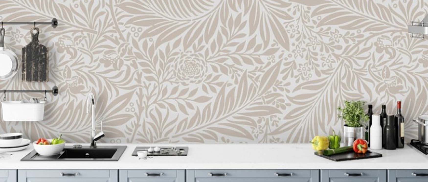 a-kitchen-with-beige-floral-william-morris-wallpaper-with-modern-art-elements-featuring-a-minimalist-design-and-decor A kitchen with beige floral William Morris wallpaper with modern art elements, featuring a minimalist design and decor.