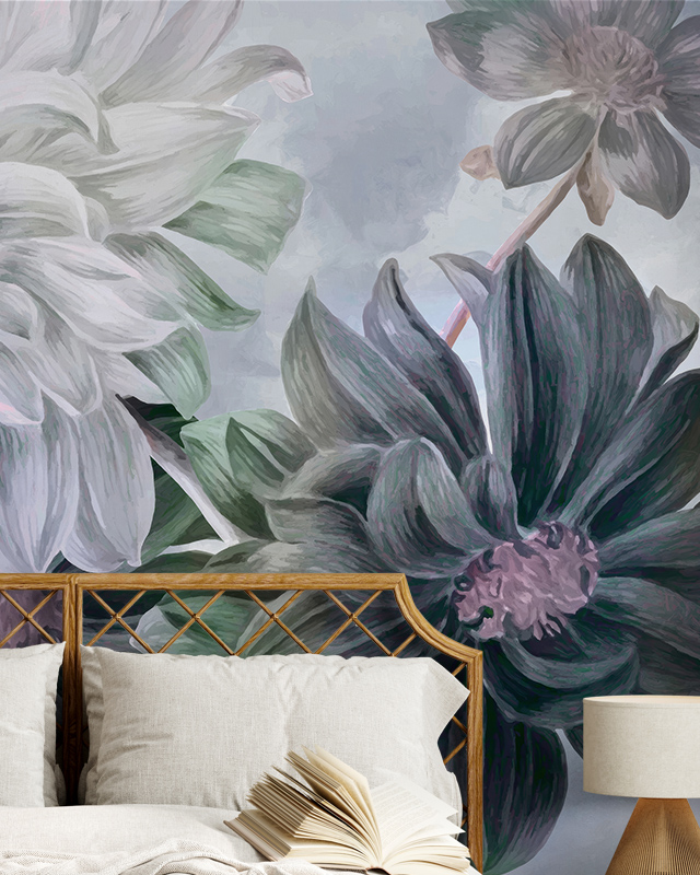 a-large-floral-mural-in-soft-tones-behind-a-wooden-bedframe-showcasing-pros-and-cons-of-removable-wallpaper A large floral mural in soft tones behind a wooden bedframe, showcasing Pros and Cons of Removable Wallpaper.