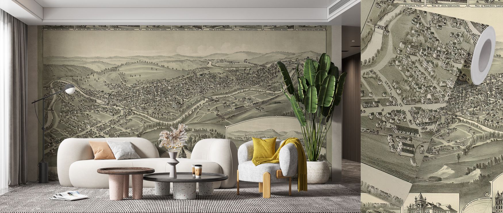 a-large-vintage-map-wallpaper-decorates-a-modern-living-room-with-a-cozy-white-sofa-offering-inspiration-on-how-to-choose-vintage-wallpaper-for-a-stylish-space A large vintage map wallpaper decorates a modern living room with a cozy white sofa, offering inspiration on how to choose vintage wallpaper for a stylish space.