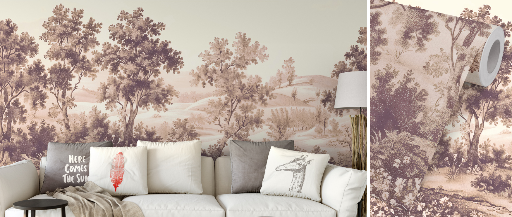 A living room with beige wallpaper showcasing a scenic tree design, paired with a white sofa and decorative pillows. This highlights the Benefits of using Beige Wallpaper in Small Spaces.