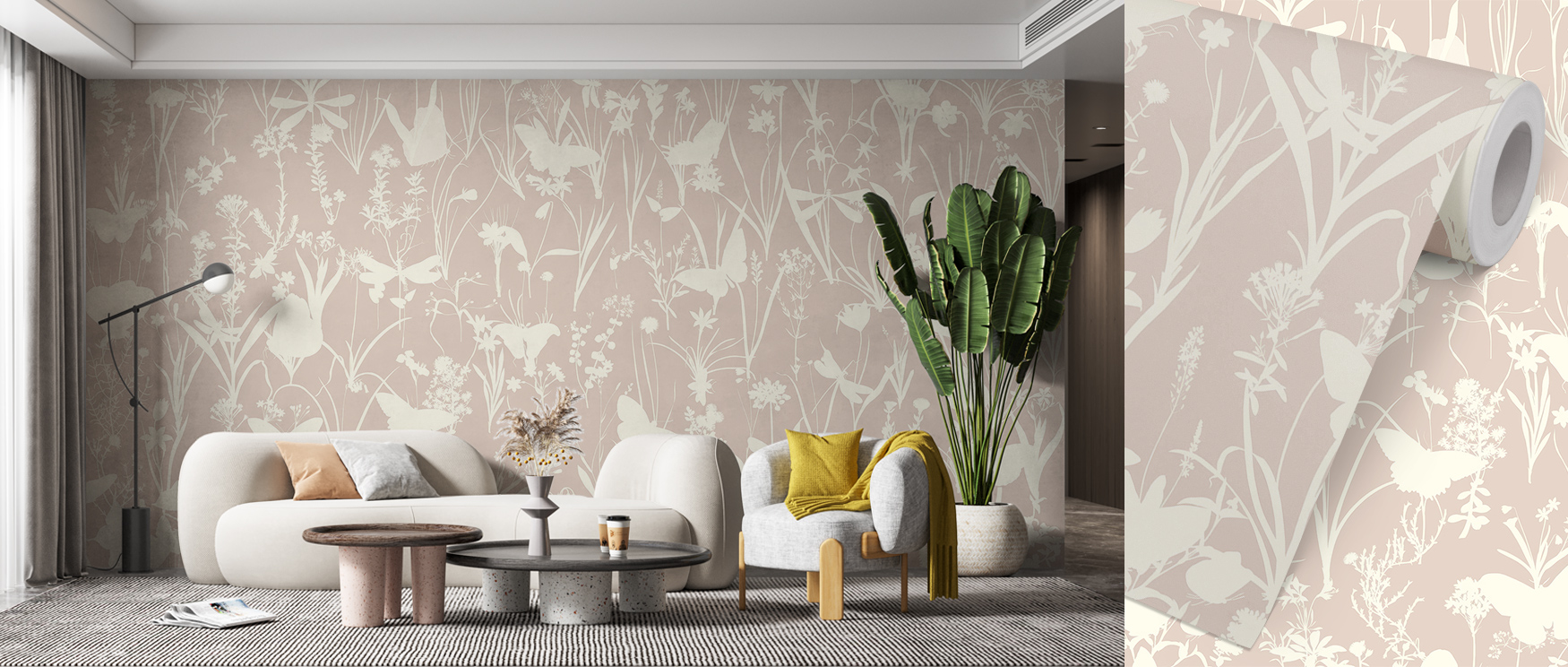 A living room with floral beige wallpaper, a white sofa, yellow cushions, and a large potted plant. Choosing the Right Shade of Beige wallpaper.