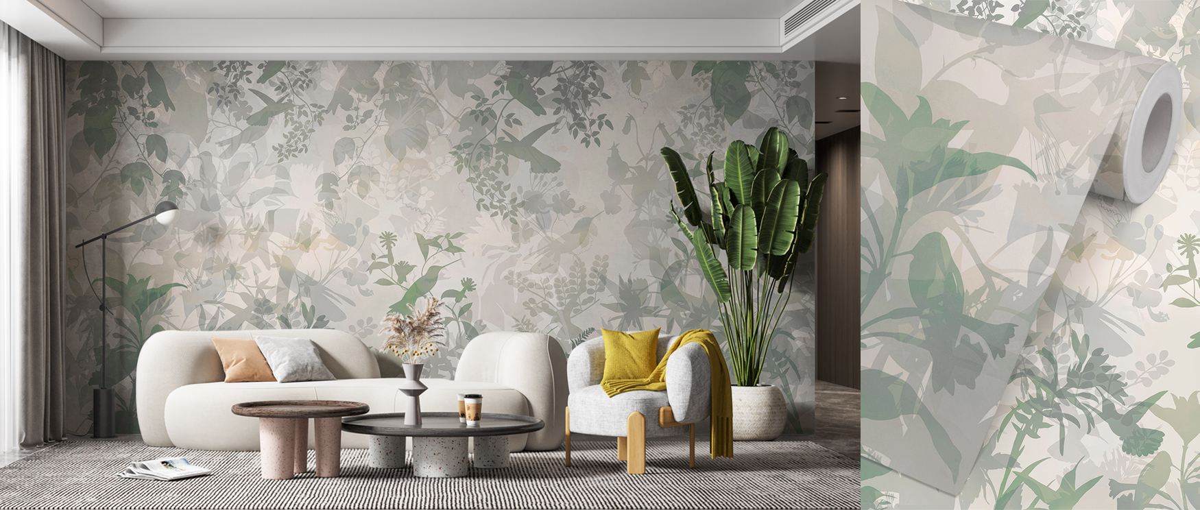 A living room with leaf-patterned Removable Wallpaper vs. Traditional Wallpaper, white sofas, a round coffee table, and a tall plant.