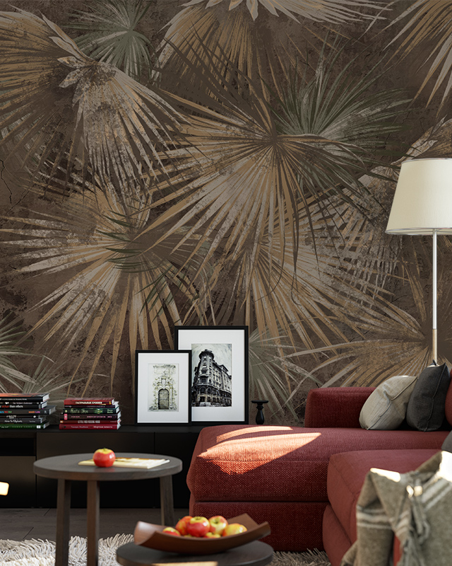 a-living-room-with-palm-themed-vintage-wallpaper-red-sofa-framed-photos-and-side-table-showing-how-to-choose-vintage-wallpaper-for-accent-walls A living room with palm-themed vintage wallpaper, red sofa, framed photos, and side table, showing how to choose vintage wallpaper for accent walls.