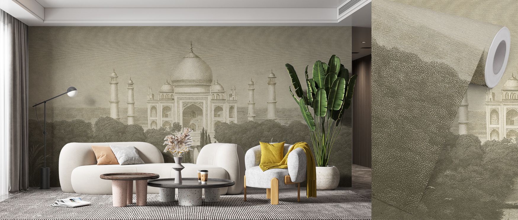 a-living-room-with-retro-60s-70s-vintage-wallpaper-depicting-the-taj-mahal-featuring-a-modern-sofa-coffee-tables-and-a-potted-plant A living room with Retro 60s & 70s Vintage Wallpaper depicting the Taj Mahal, featuring a modern sofa, coffee tables, and a potted plant.