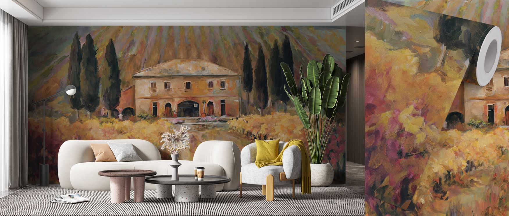 a-living-room-with-retro-60s-70s-vintage-wallpaper-featuring-a-rustic-house-with-a-white-sofa-round-tables-and-a-large-green-plant-in-front A living room with Retro 60s & 70s Vintage Wallpaper featuring a rustic house, with a white sofa, round tables, and a large green plant in front.