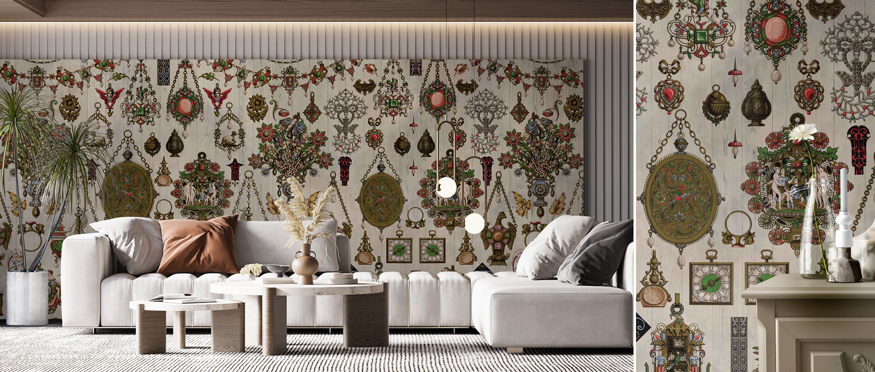 a-living-room-with-retro-60s-70s-vintage-wallpaper-featuring-intricate-jewelry-designs-a-modern-sofa-and-coffee-tables A living room with Retro 60s & 70s Vintage Wallpaper featuring intricate jewelry designs, a modern sofa, and coffee tables.