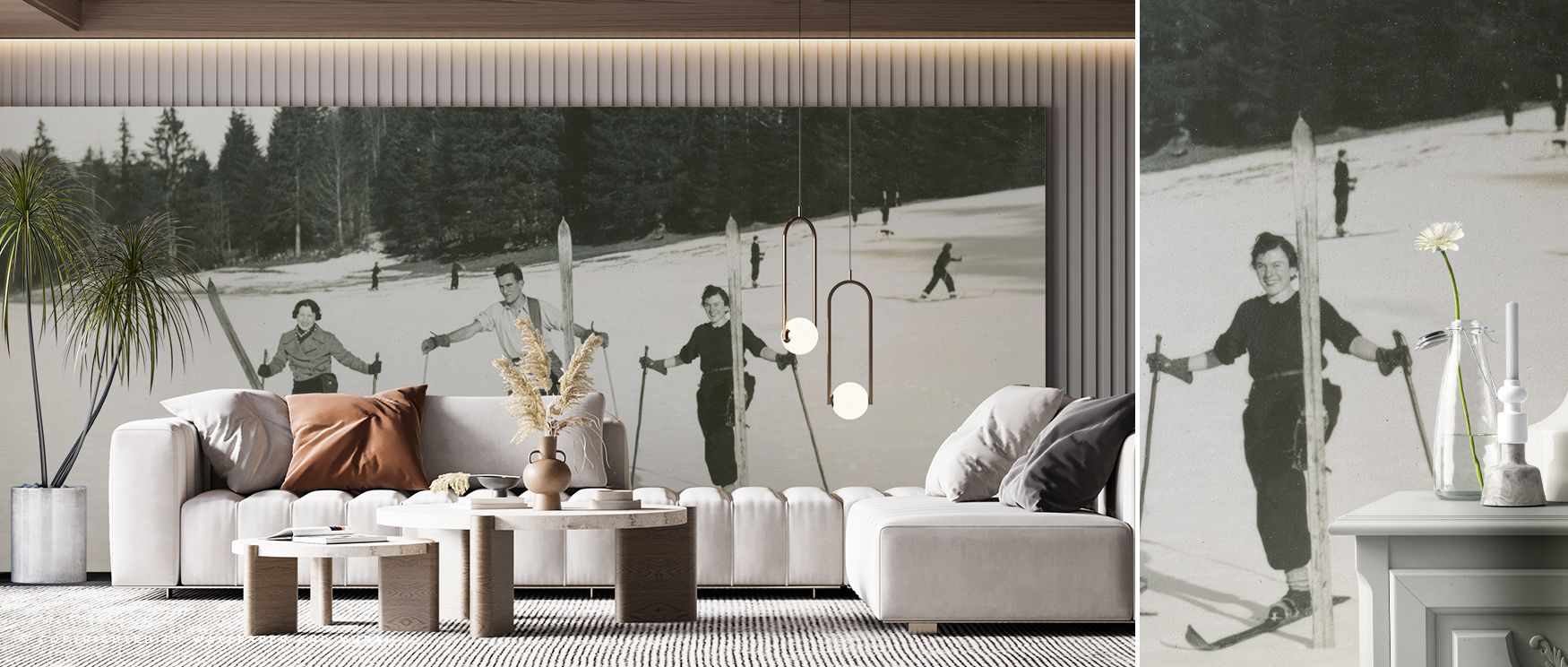a-living-room-with-retro-60s-70s-vintage-wallpaper-featuring-skiers-in-a-snowy-landscape-a-modern-sofa-and-coffee-tables A living room with Retro 60s & 70s Vintage Wallpaper featuring skiers in a snowy landscape, a modern sofa, and coffee tables.