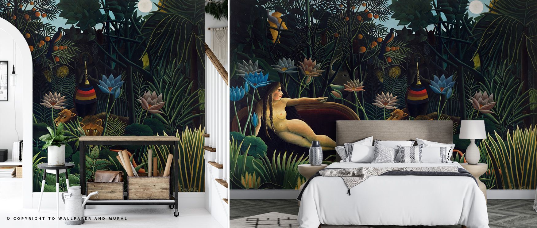 a-lush-jungle-themed-wallpaper-with-a-reclining-woman-and-exotic-plants-framed-by-a-white-bed-and-nightstand-ideal-for-girls-teens-room-wallpaper A lush jungle-themed wallpaper with a reclining woman and exotic plants, framed by a white bed and nightstand, ideal for girls teens room wallpaper.