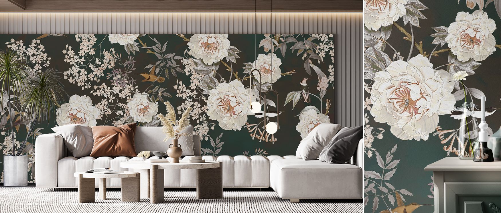 a-modern-living-room-with-a-floral-themed-retro-60s-70s-vintage-wallpaper-featuring-white-flowers-birds-sofa-and-coffee-tables A modern living room with a floral-themed Retro 60s & 70s Vintage Wallpaper, featuring white flowers, birds, sofa, and coffee tables.