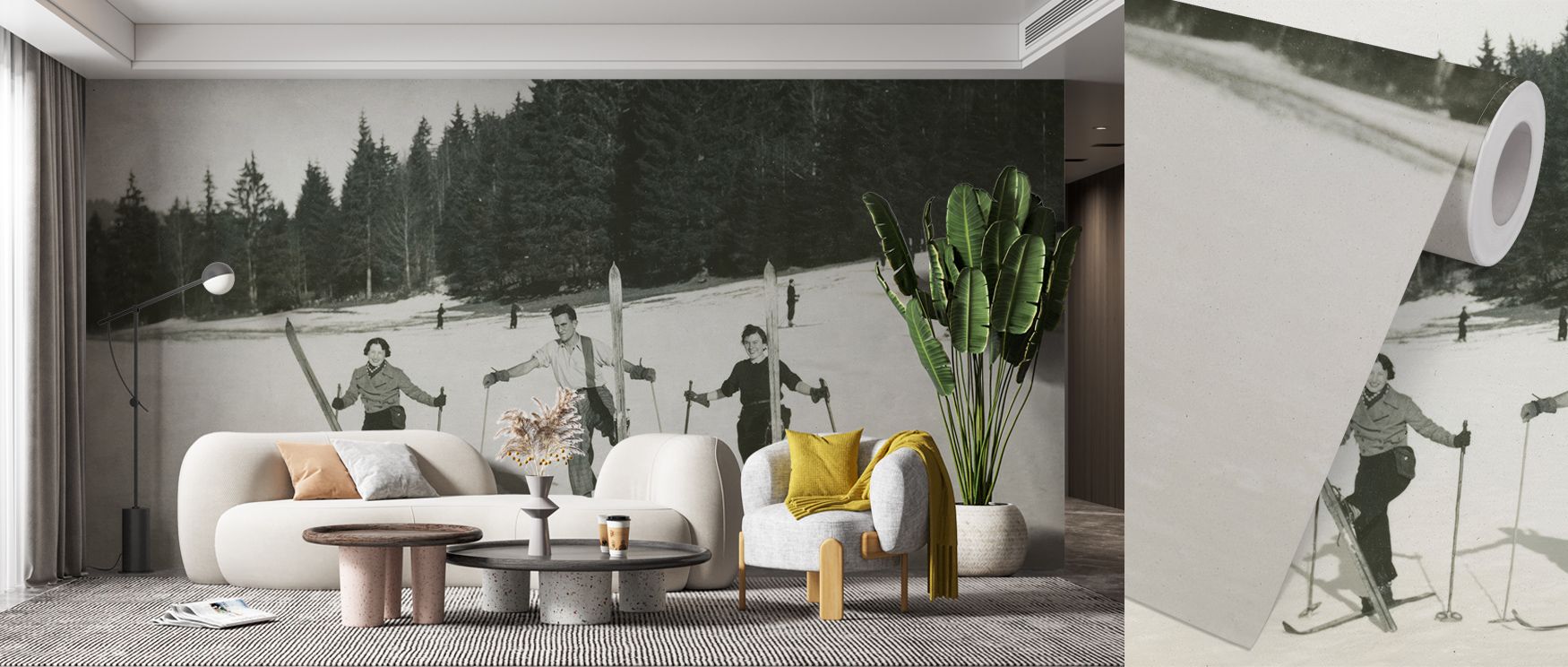 a-modern-living-room-with-vintage-ski-themed-wallpaper-featuring-a-white-sofa-yellow-cushions-coffee-table-and-large-plant-illustrating-how-to-choose-vintage-wallpaper-for-large-spaces A modern living room with vintage ski-themed wallpaper featuring a white sofa, yellow cushions, coffee table, and large plant, illustrating how to choose vintage wallpaper for large spaces.