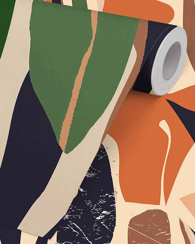 a-roll-of-bold-abstract-patterned-remove-removable-wallpaper-featuring-green-orange-and-black-shapes-on-a-beige-background A roll of bold, abstract-patterned remove removable wallpaper featuring green, orange, and black shapes on a beige background.
