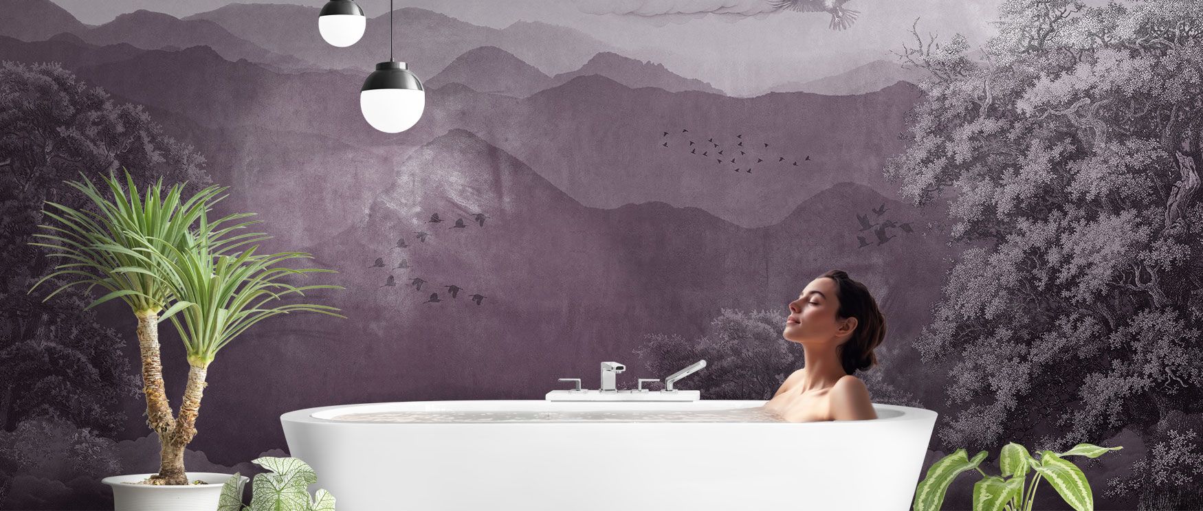 A serene bathroom scene featuring a soaking tub, plants, and vintage wallpaper for small spaces with a misty mountain design.