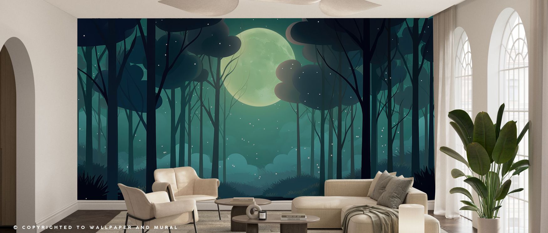 A serene forest-themed wallpaper with a glowing moon, complemented by neutral furniture and plants, showcasing installing peel and stick wallpaper.