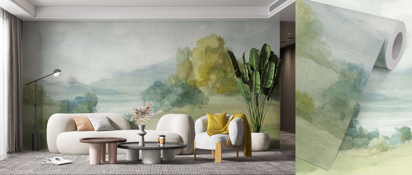 a-serene-watercolor-landscape-wallpaper-in-a-modern-office-enhancing-focus-and-calm-office-wallpaper-ideas-for-productivity A serene watercolor landscape wallpaper in a modern office, enhancing focus and calm. Office Wallpaper Ideas for Productivity.