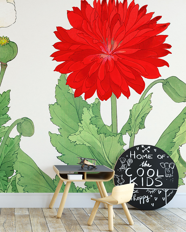 a-small-black-desk-with-a-toy-airplane-and-a-wooden-chair-are-in-front-of-the-vibrant-red-flower-wallpaper-showcasing-the-benefits-of-using-wallpaper-in-teens-room-decor A small black desk with a toy airplane and a wooden chair are in front of the vibrant red flower wallpaper, showcasing the benefits of using wallpaper in teens room decor.