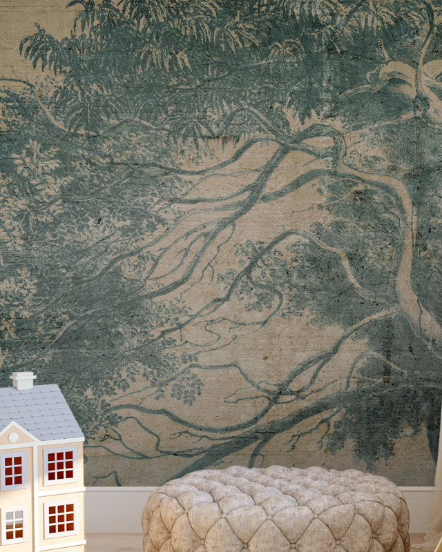 a-textured-tree-design-wallpaper-with-a-small-toy-house-and-a-beige-tufted-ottoman-in-front-how-to-choose-vintage-wallpaper A textured tree design wallpaper with a small toy house and a beige tufted ottoman in front. How to choose vintage wallpaper.