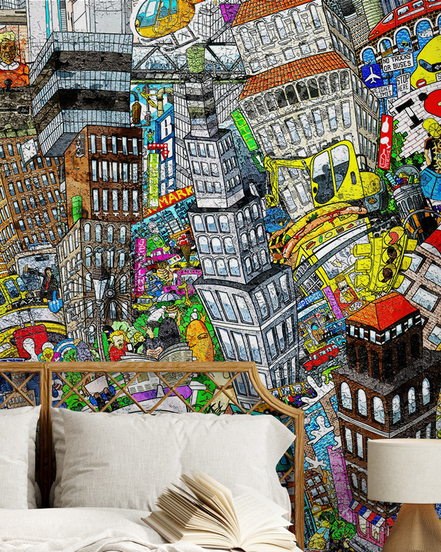 a-vibrant-cityscape-mural-behind-a-wooden-bed-frame-illustrating-removable-wallpaper-vs-traditional-wallpaper-options-for-bedroom-decor A vibrant cityscape mural behind a wooden bed frame, illustrating Removable Wallpaper vs. Traditional Wallpaper options for bedroom decor.