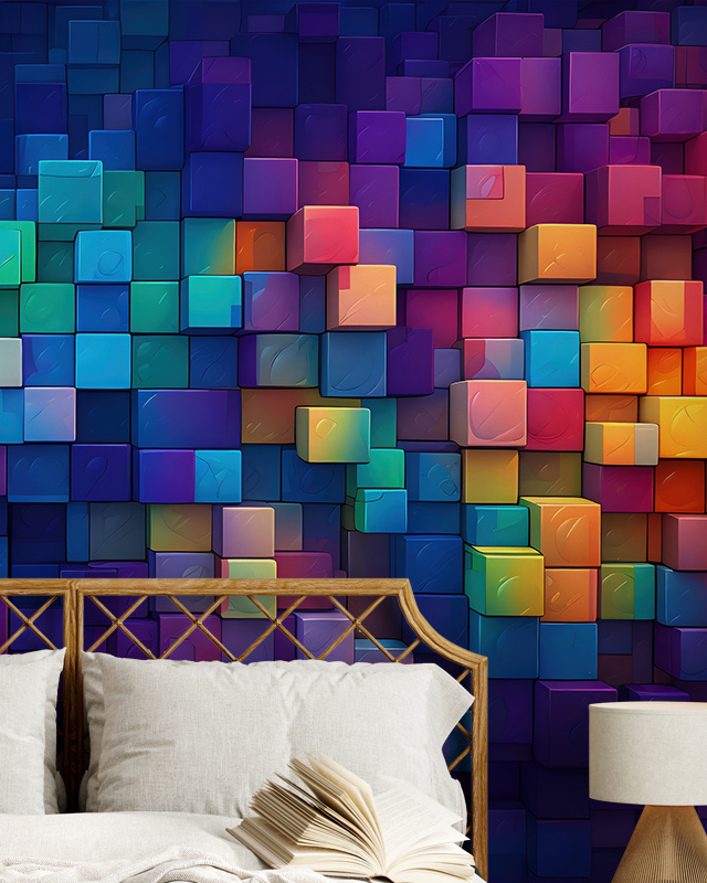 a-vibrant-colorful-3d-cube-design-on-a-peel-and-stick-wallpaper-behind-a-bed-showcasing-peel-and-stick-wallpaper-trends A vibrant, colorful 3D cube design on a peel and stick wallpaper behind a bed, showcasing Peel and Stick Wallpaper trends.