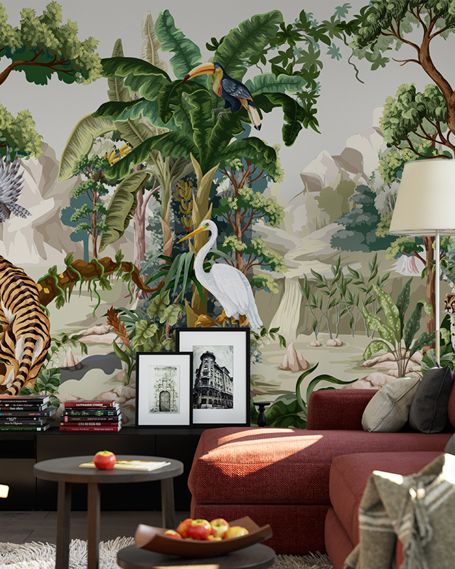 a-vibrant-jungle-themed-mural-featuring-tropical-birds-a-tiger-and-lush-greenery-behind-a-red-sofa-illustrating-removable-wallpaper-vs-traditional-wallpaper-for-living-room-decor A vibrant jungle-themed mural featuring tropical birds, a tiger, and lush greenery behind a red sofa, illustrating Removable Wallpaper vs. Traditional Wallpaper for living room decor.