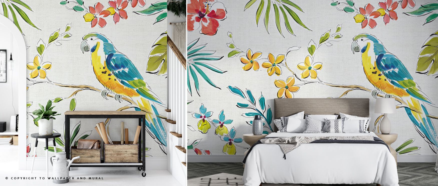 a-vibrant-parrot-themed-wallpaper-with-tropical-flowers-decorates-a-bedroom-showcasing-the-benefits-of-using-wallpaper-in-teens-room A vibrant parrot-themed wallpaper with tropical flowers decorates a bedroom, showcasing the benefits of using wallpaper in teens room.