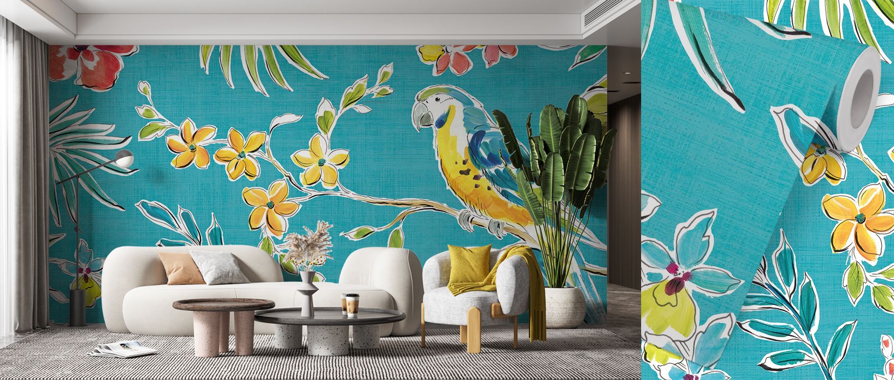 a-vibrant-parrot-themed-wallpaper-with-yellow-flowers-complements-a-modern-living-room-showcasing-the-benefits-of-using-wallpaper-in-teens-room-decor A vibrant parrot-themed wallpaper with yellow flowers complements a modern living room, showcasing the benefits of using wallpaper in teens room decor.