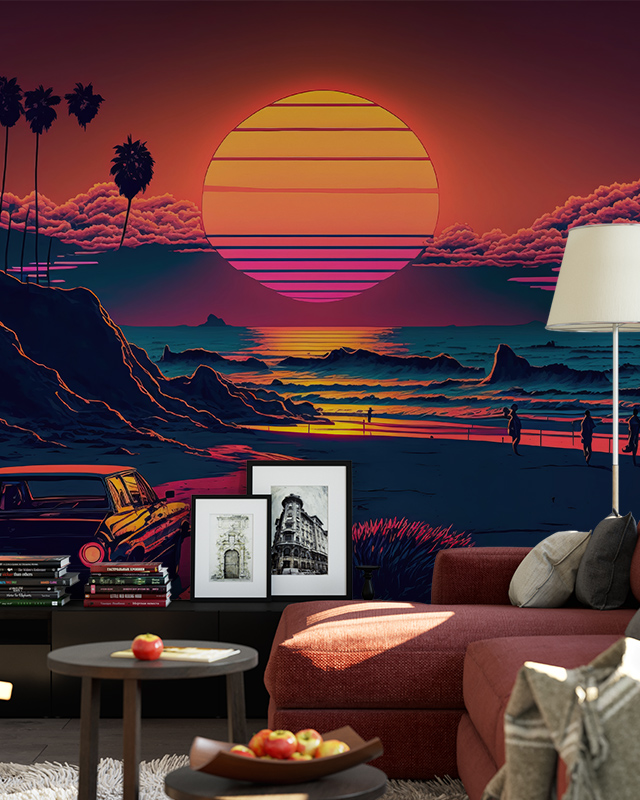 a-vibrant-sunset-beach-scene-with-palm-trees-and-vintage-car-behind-a-red-sofa-removable-wallpaper-vs-traditional-wallpaper A vibrant sunset beach scene with palm trees and vintage car behind a red sofa. Removable Wallpaper vs. Traditional Wallpaper.