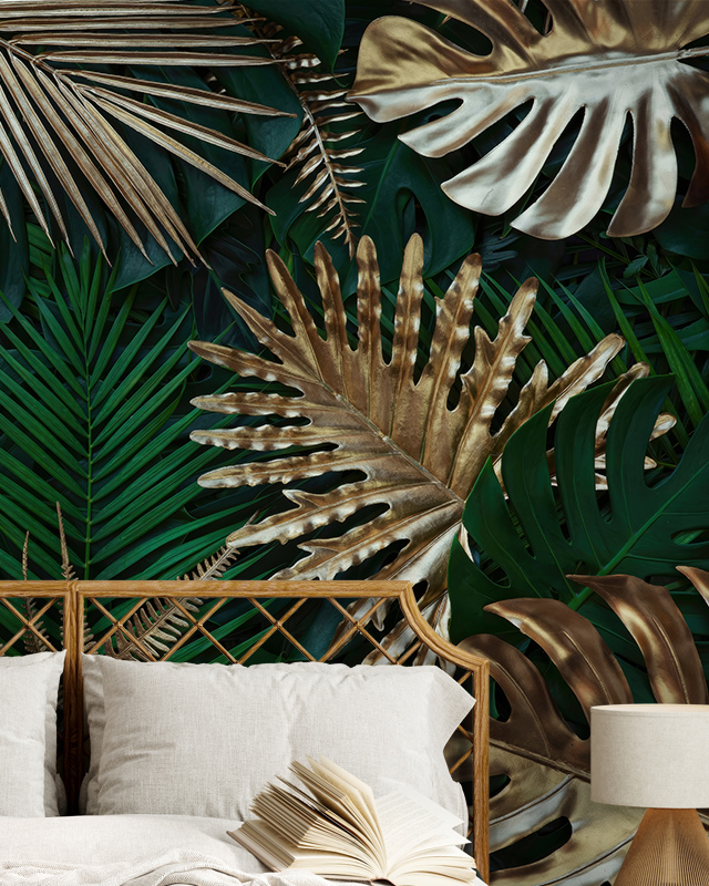 a-vibrant-tropical-leaf-design-with-gold-and-green-accents-behind-a-wooden-bed-frame-removable-wallpaper-vs-traditional-wallpaper A vibrant tropical leaf design with gold and green accents behind a wooden bed frame. Removable Wallpaper vs. Traditional Wallpaper.