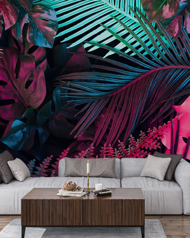 a-vibrant-tropical-leaf-mural-in-bold-neon-colors-creates-an-energizing-atmosphere-ideal-wallpaper-for-different-workplaces A vibrant tropical leaf mural in bold neon colors creates an energizing atmosphere, ideal wallpaper for different workplaces.