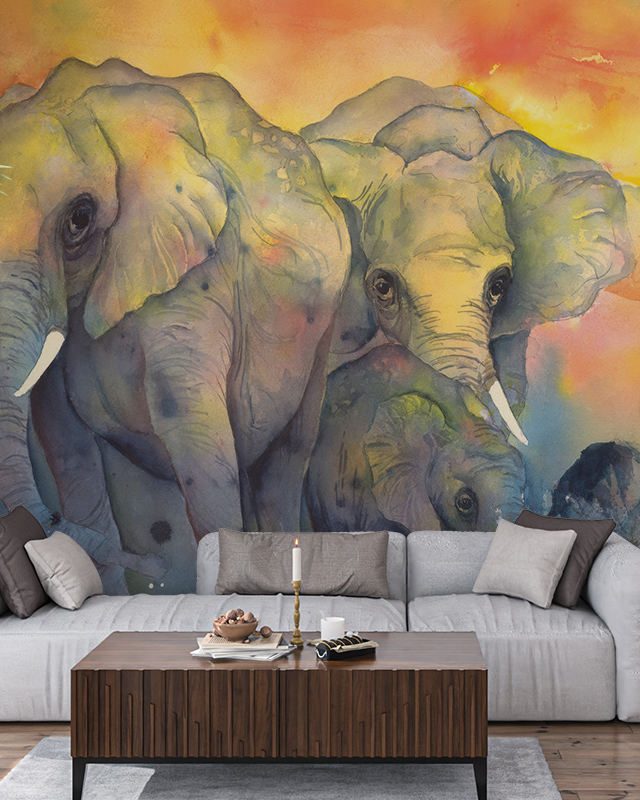 a-vibrant-watercolor-style-elephant-mural-showcases-bold-animal-themes-reflecting-popular-teens-room-wallpaper-trends A vibrant, watercolor-style elephant mural showcases bold animal themes, reflecting popular teens room wallpaper trends.