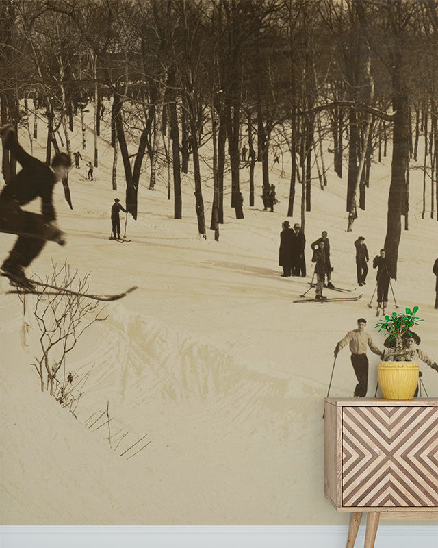 a-vintage-skiing-scene-wallpaper-with-skiers-in-a-snowy-forest-paired-with-a-wooden-cabinet-showcasing-how-to-choose-vintage-wallpaper-for-unique-interiors A vintage skiing scene wallpaper with skiers in a snowy forest, paired with a wooden cabinet, showcasing how to choose vintage wallpaper for unique interiors.